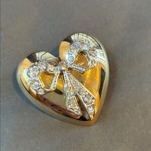 Vintage Gold Heart Brooch with Crystal Bow